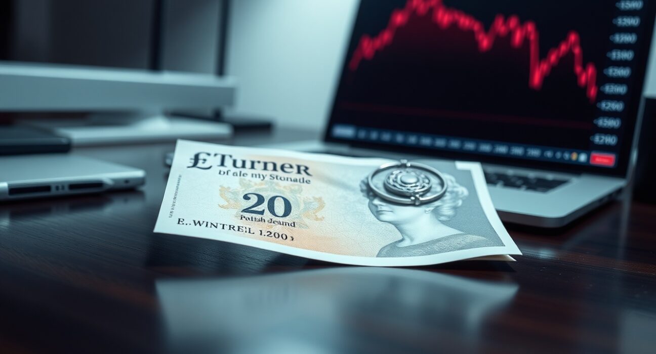 British Pound Sterling banknote on desk with a laptop showing a downward chart trend, representing economic slowdown risks.