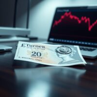British Pound Sterling banknote on desk with a laptop showing a downward chart trend, representing economic slowdown risks.