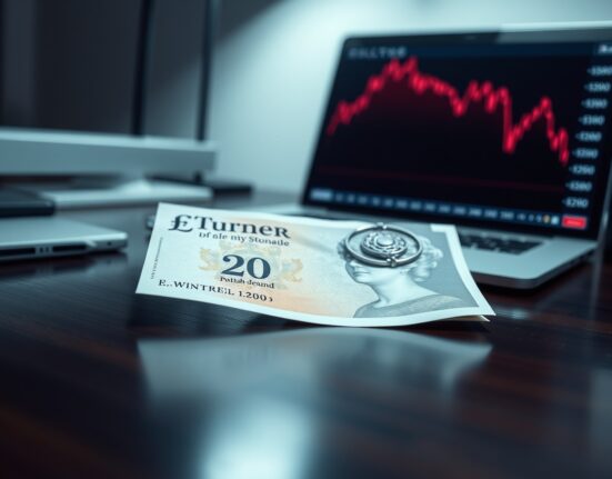 British Pound Sterling banknote on desk with a laptop showing a downward chart trend, representing economic slowdown risks.