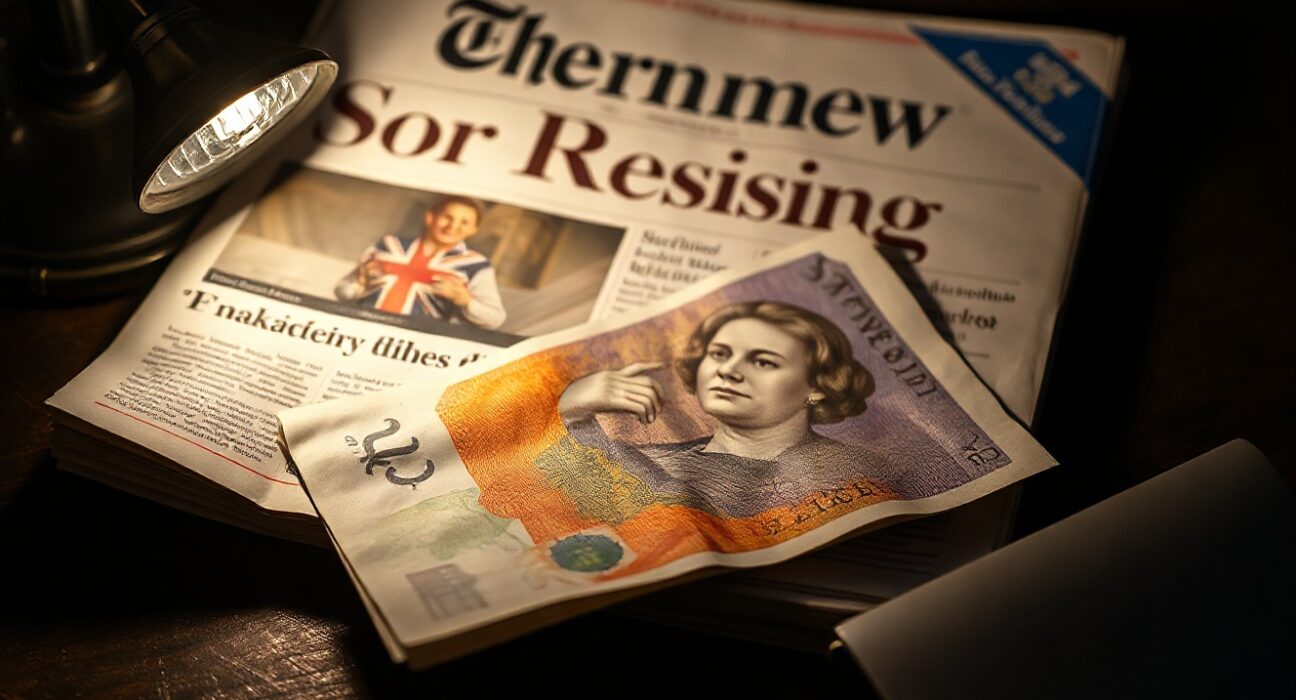 British pound note on a desk with a newspaper headline about Starmer's resignation