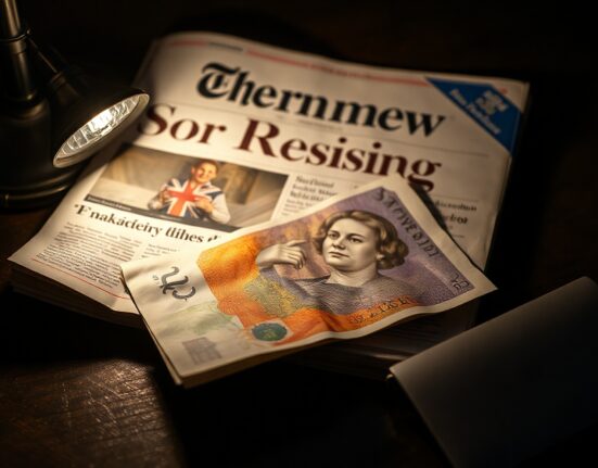 British pound note on a desk with a newspaper headline about Starmer's resignation