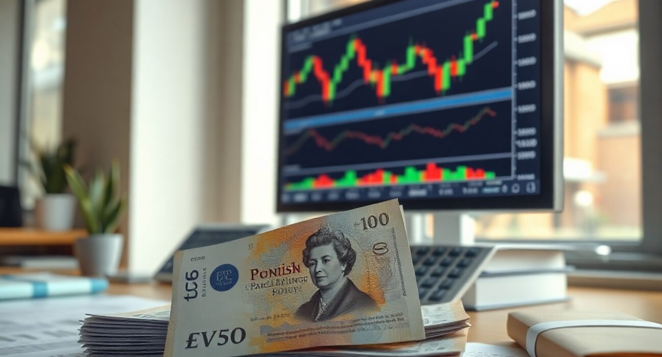 British pound and US dollar banknotes on a trading desk with charts in the background