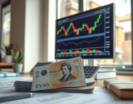 British pound and US dollar banknotes on a trading desk with charts in the background