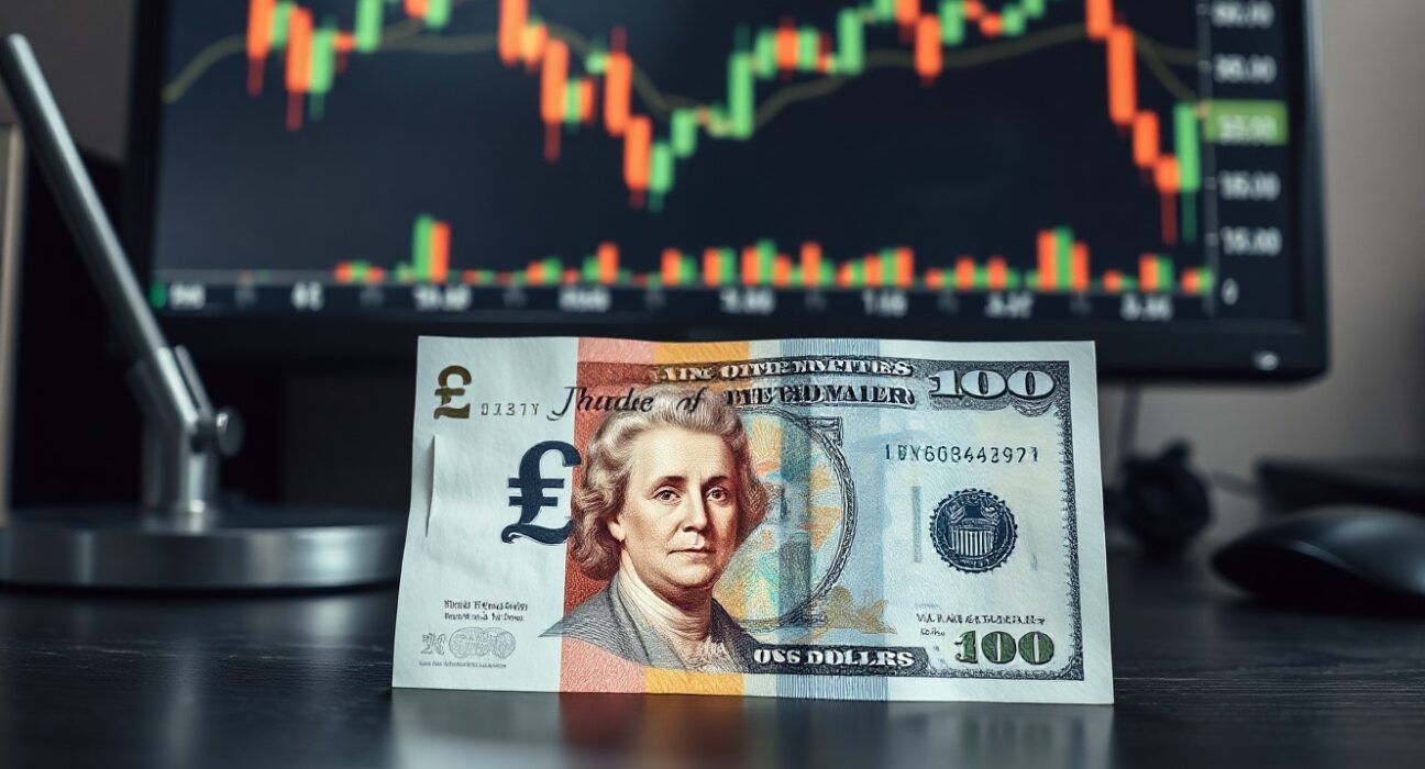 British Pound and US Dollar banknotes on a desk with a forex chart in the background
