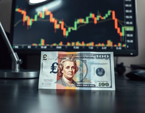 British Pound and US Dollar banknotes on a desk with a forex chart in the background
