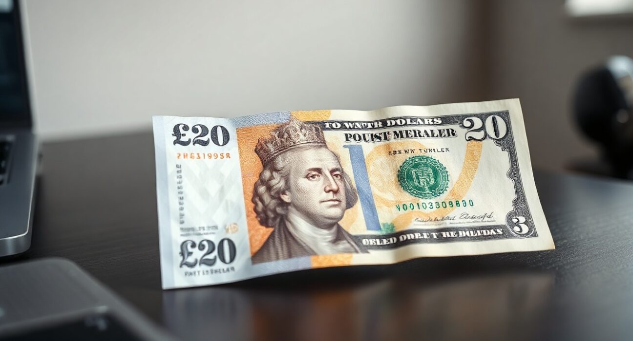 British Pound and US Dollar banknotes on a desk, representing GBP/USD currency pair movement.