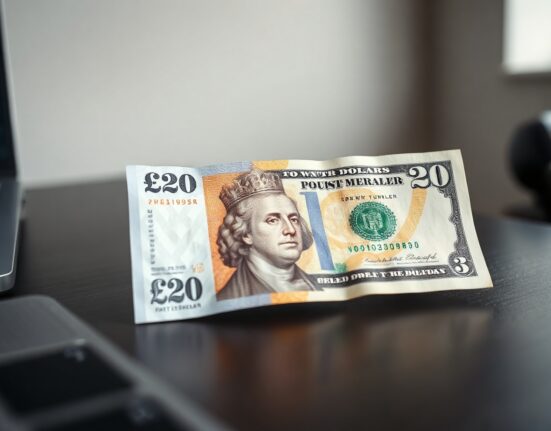 British Pound and US Dollar banknotes on a desk, representing GBP/USD currency pair movement.