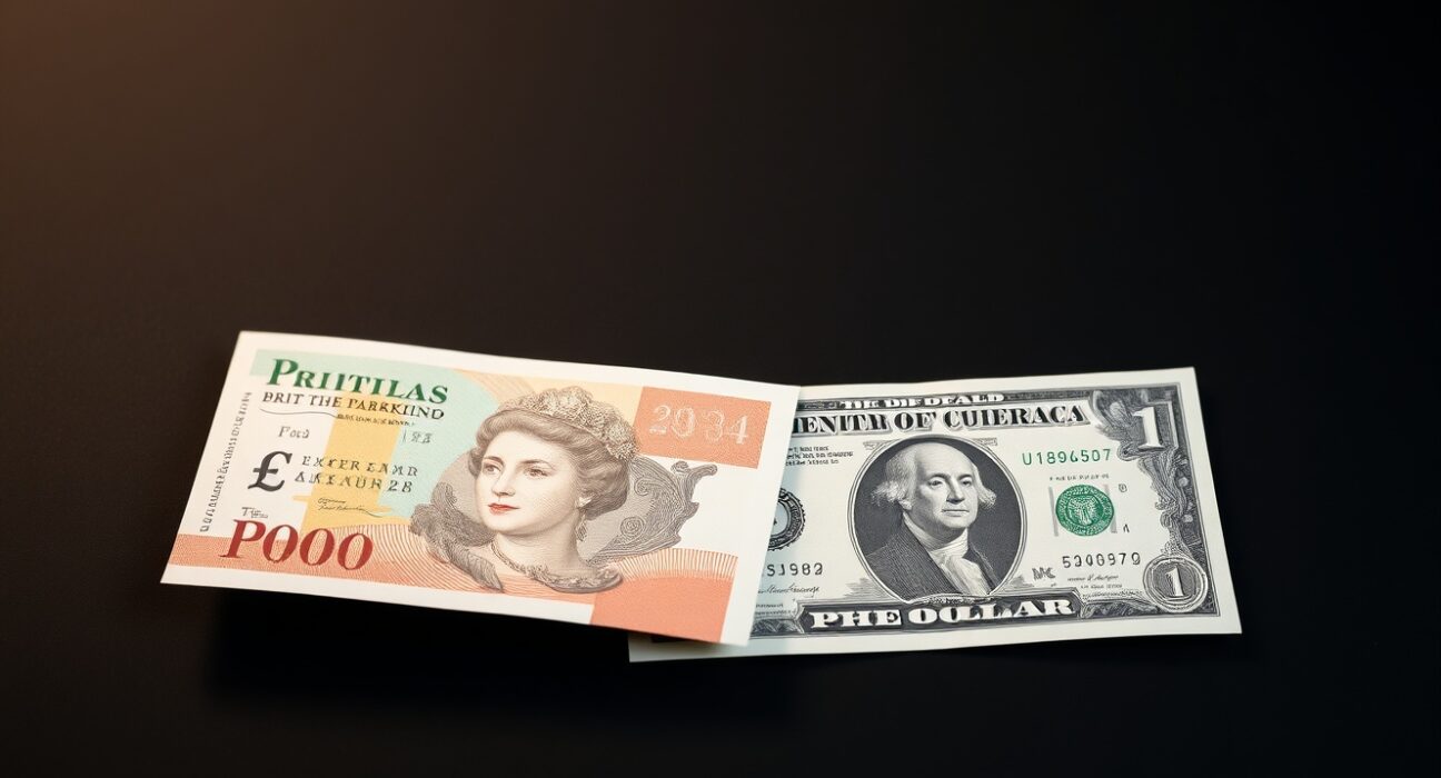 British Pound and US Dollar banknotes on a dark background representing currency market volatility.