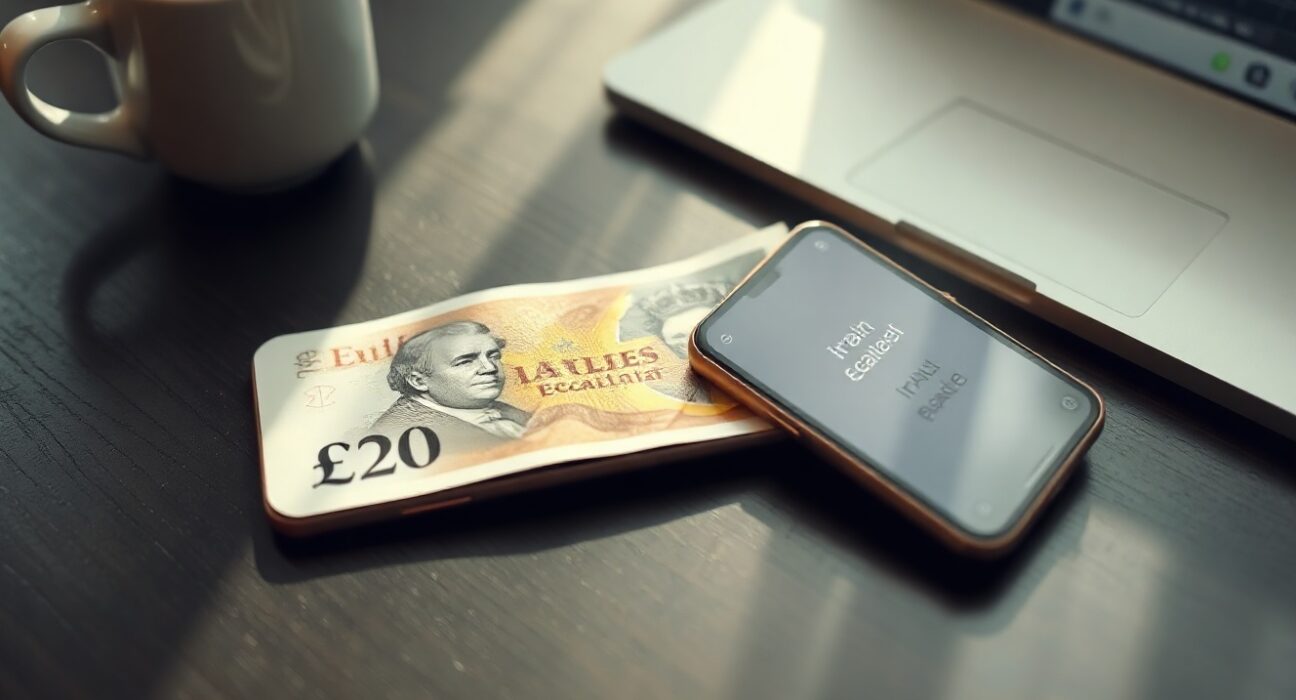 British Pound banknote on desk with smartphone showing news of Iran-Israel de-escalation