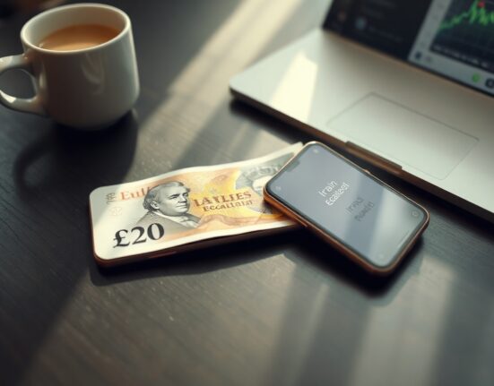 British Pound banknote on desk with smartphone showing news of Iran-Israel de-escalation