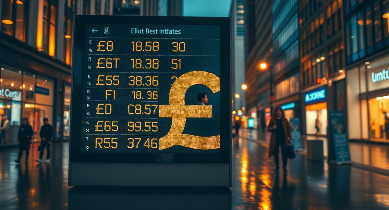 Electronic currency board showing British pound sterling in a financial district at dusk