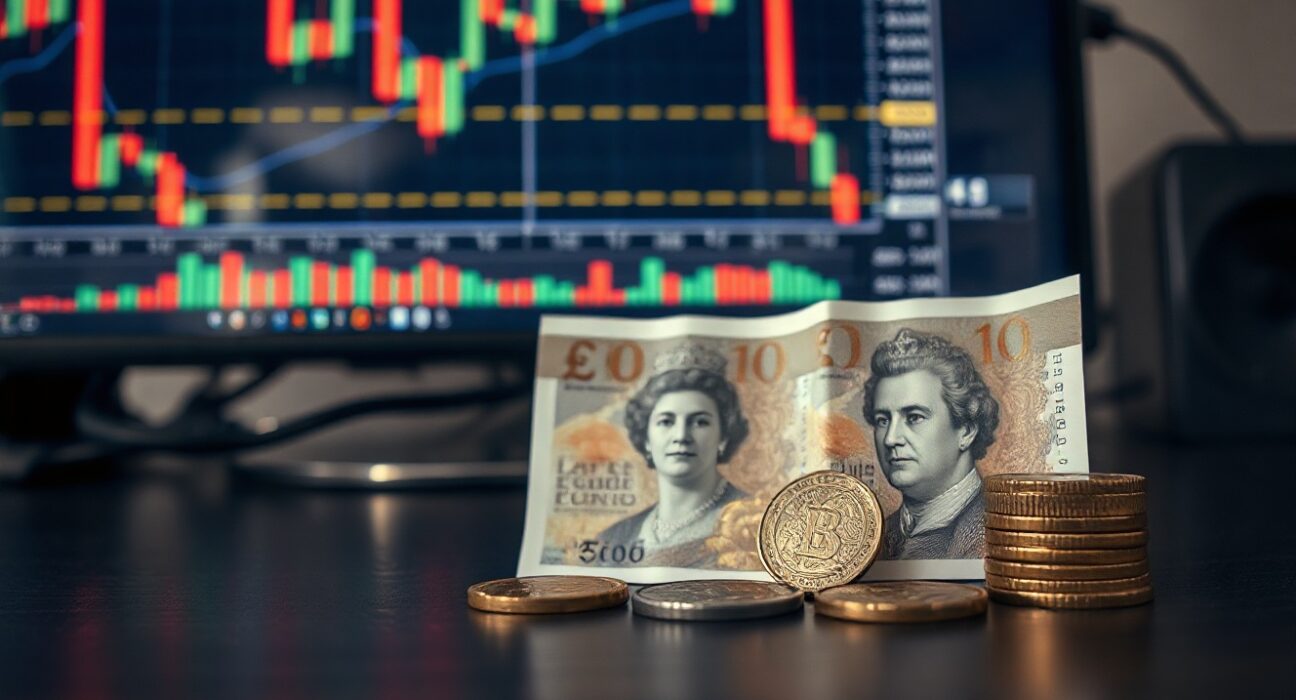 British pound banknotes and coins on a desk with financial charts in the background