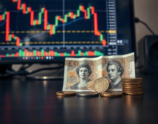 British pound banknotes and coins on a desk with financial charts in the background