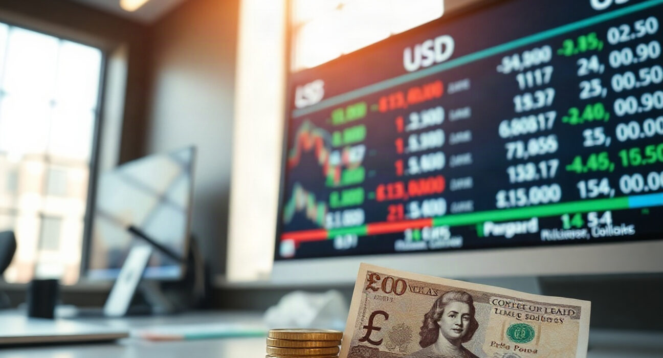 GBP/USD exchange rate chart on a trading screen with British pounds and US dollars in foreground