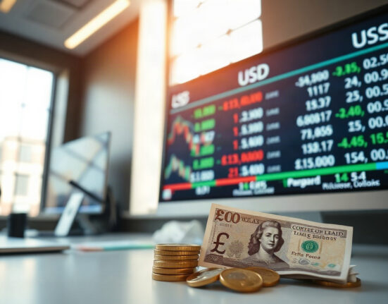 GBP/USD exchange rate chart on a trading screen with British pounds and US dollars in foreground