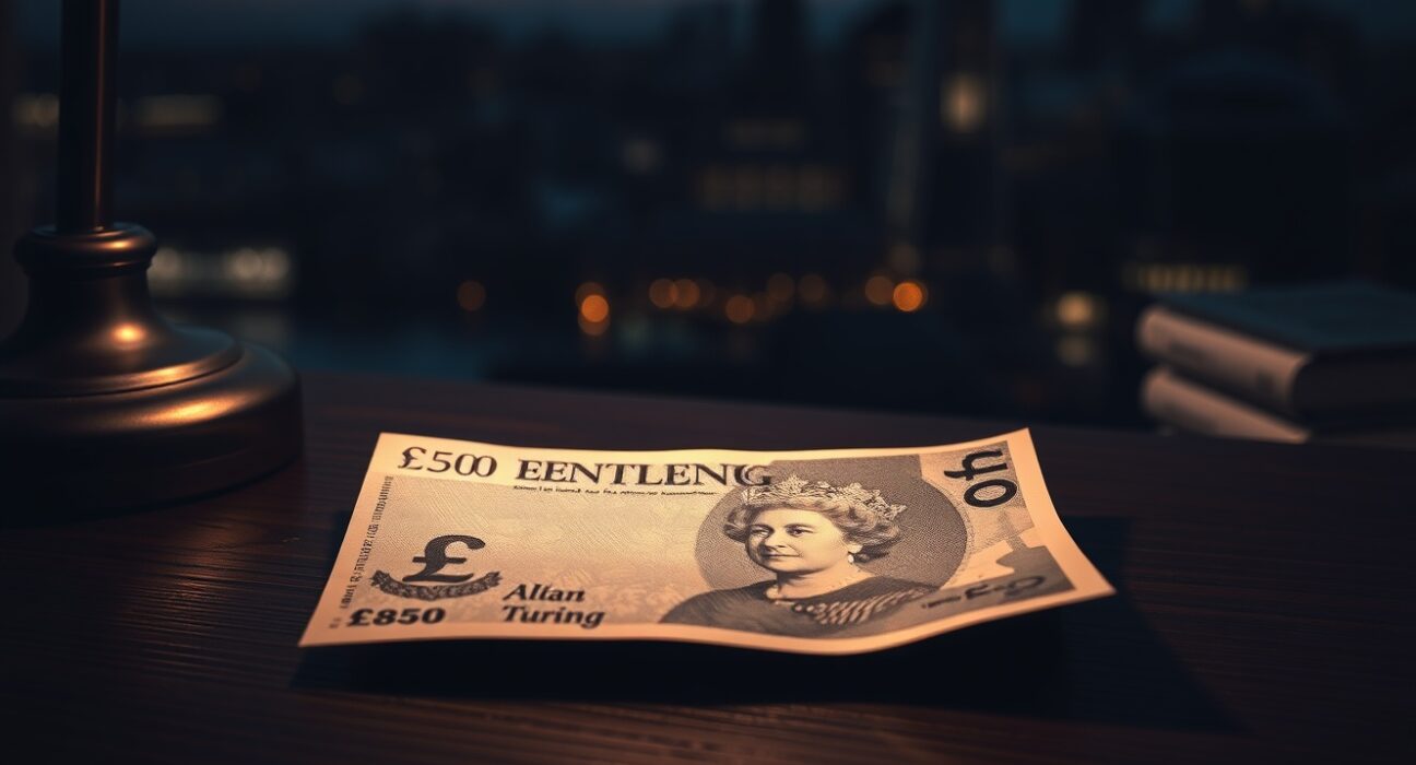 British Pound Sterling banknote on dark desk with shadow, reflecting market uncertainty and safe-haven demand.