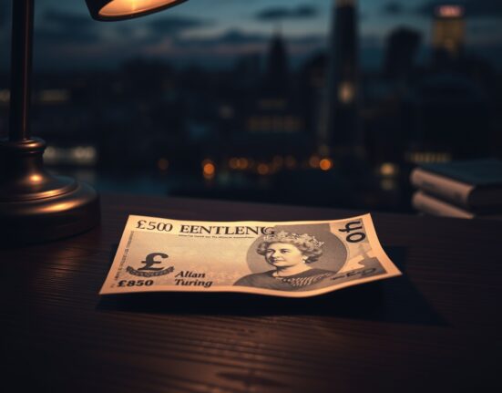 British Pound Sterling banknote on dark desk with shadow, reflecting market uncertainty and safe-haven demand.