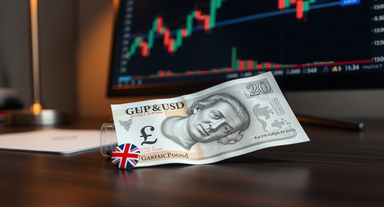 British Pound banknote and Union Jack flag pin on a desk with a blurred forex chart in the background.