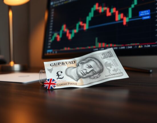 British Pound banknote and Union Jack flag pin on a desk with a blurred forex chart in the background.