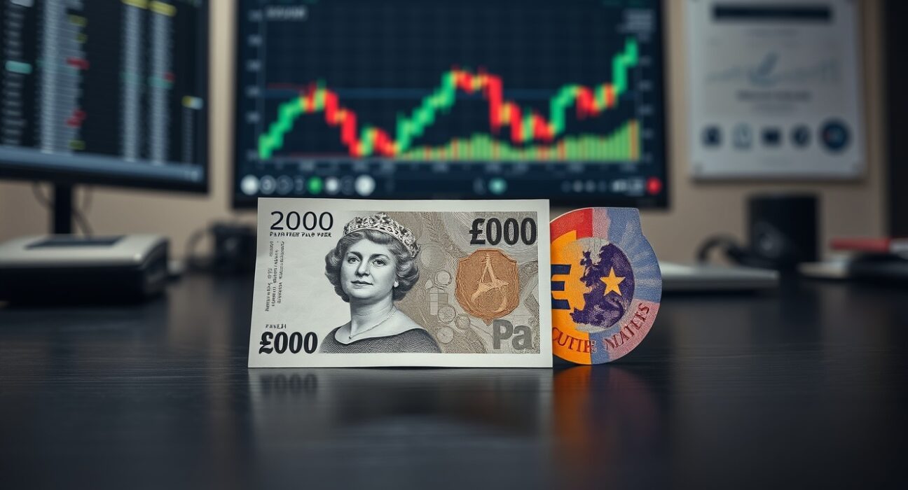 British Pound Sterling and Euro banknotes on a desk with financial charts in the background.
