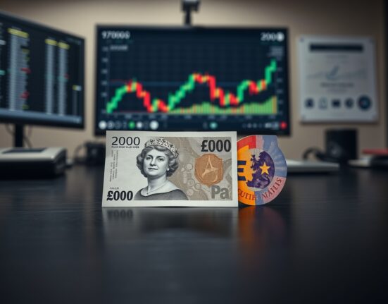 British Pound Sterling and Euro banknotes on a desk with financial charts in the background.