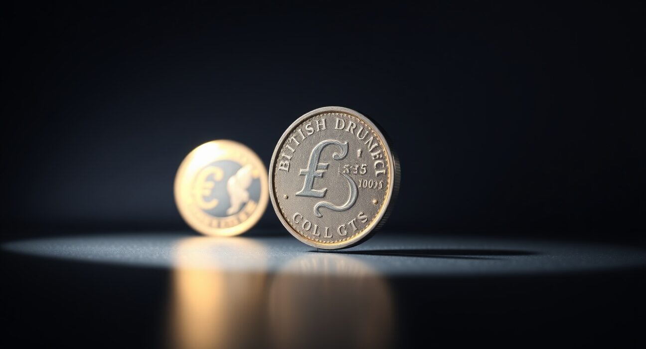 British Pound coin standing upright with a blurred Euro coin in the background, representing currency market divergence.