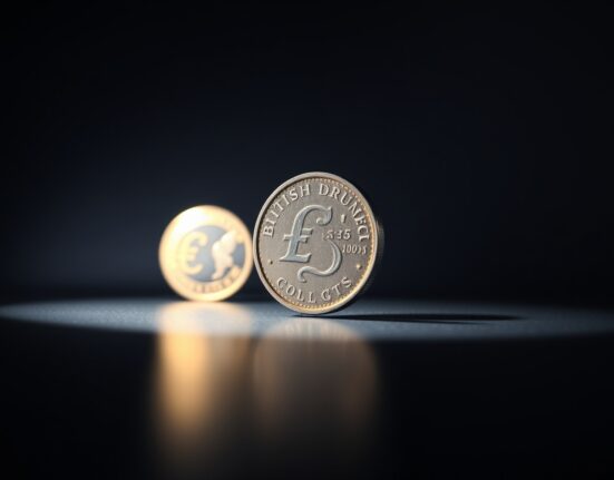 British Pound coin standing upright with a blurred Euro coin in the background, representing currency market divergence.