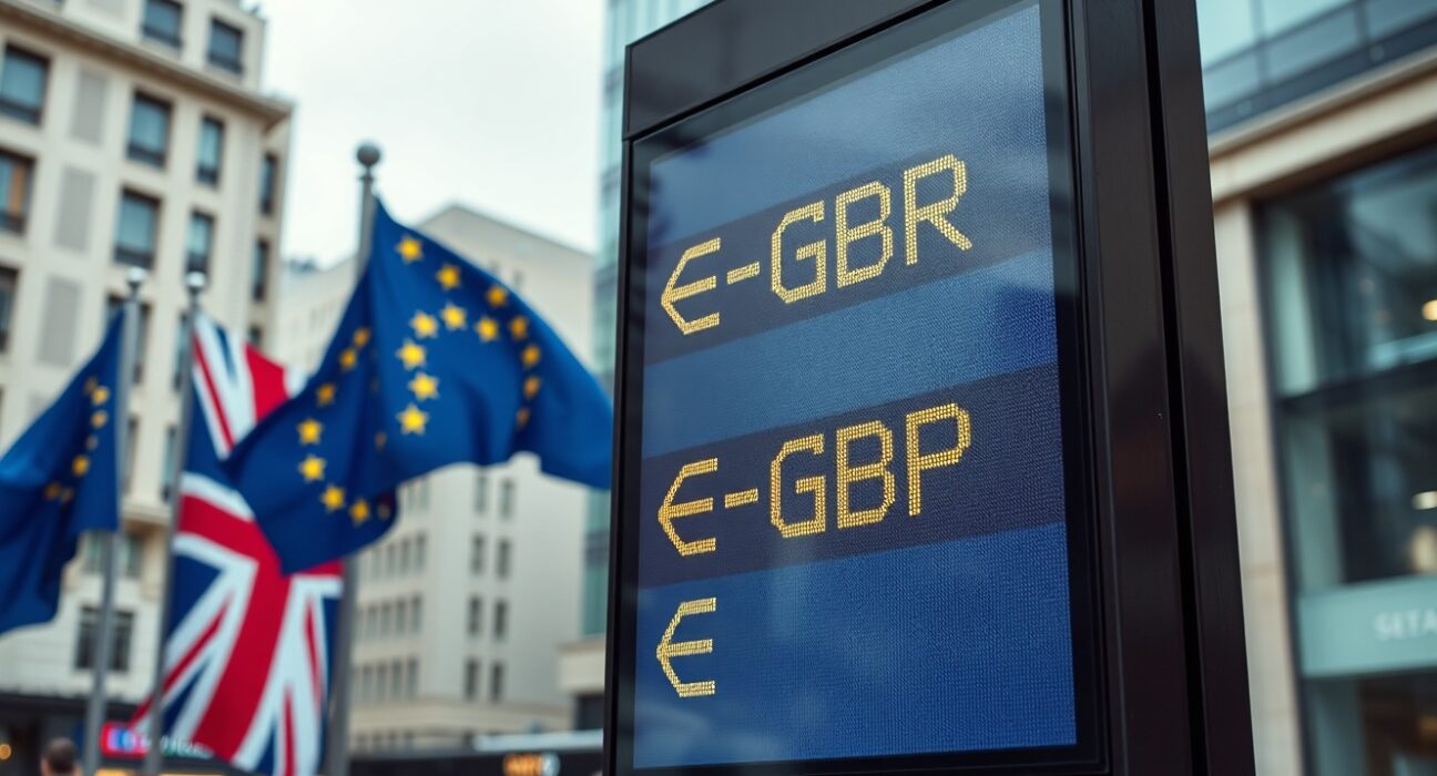 Currency exchange board showing EUR/GBP rates in a financial district with European and British flags