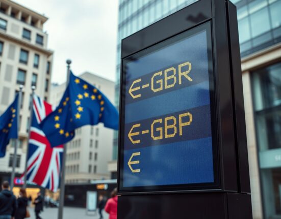 Currency exchange board showing EUR/GBP rates in a financial district with European and British flags