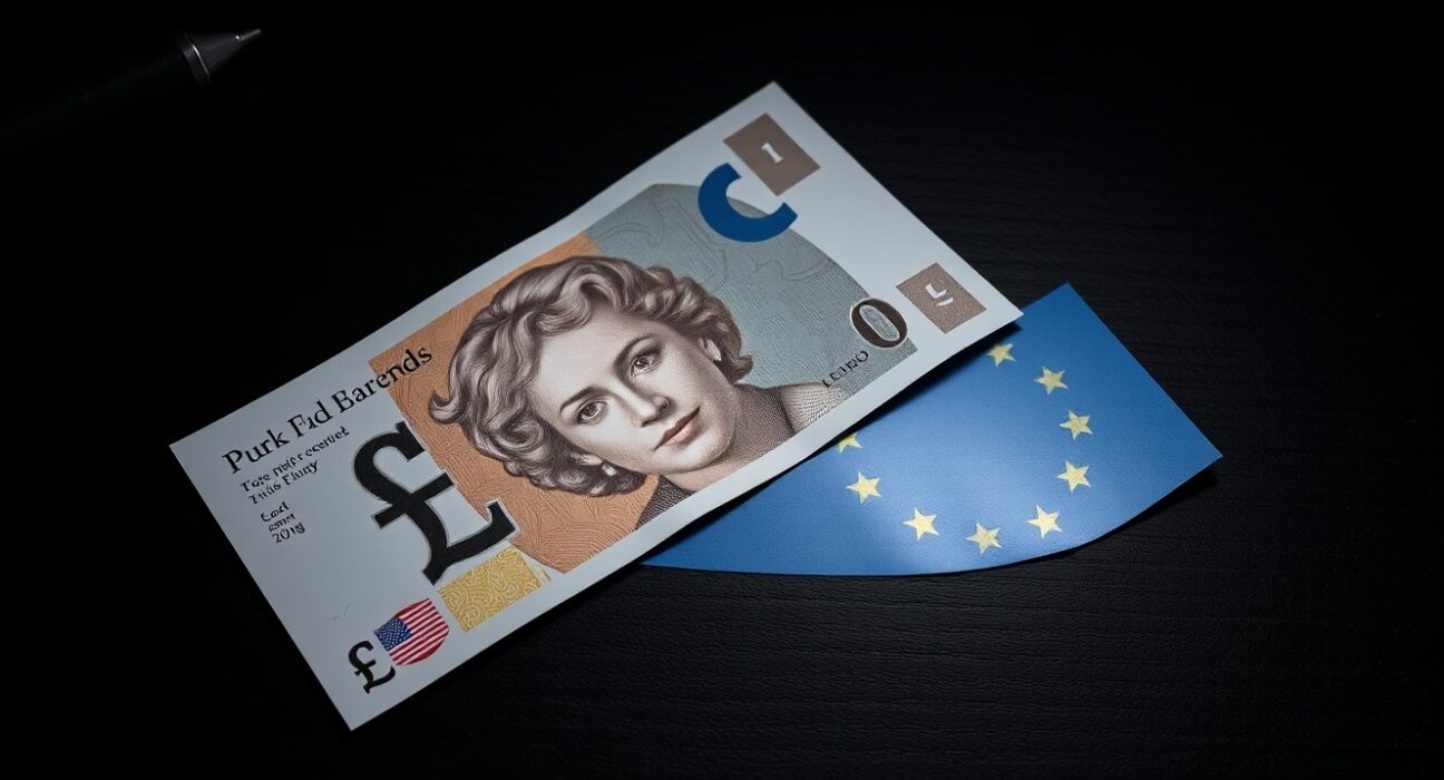 British pound and euro banknotes on a desk, representing currency market volatility amid UK political uncertainty.