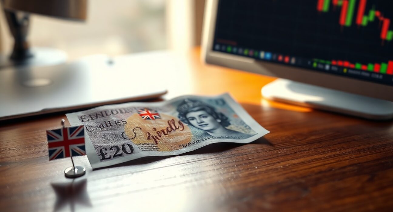 British Pound banknote on desk with Union Jack pin, representing UK currency and policy risk