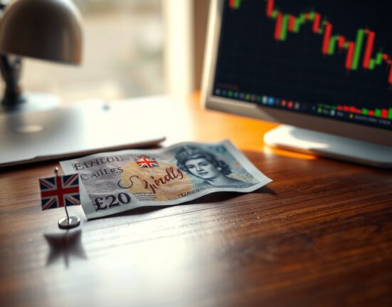 British Pound banknote on desk with Union Jack pin, representing UK currency and policy risk