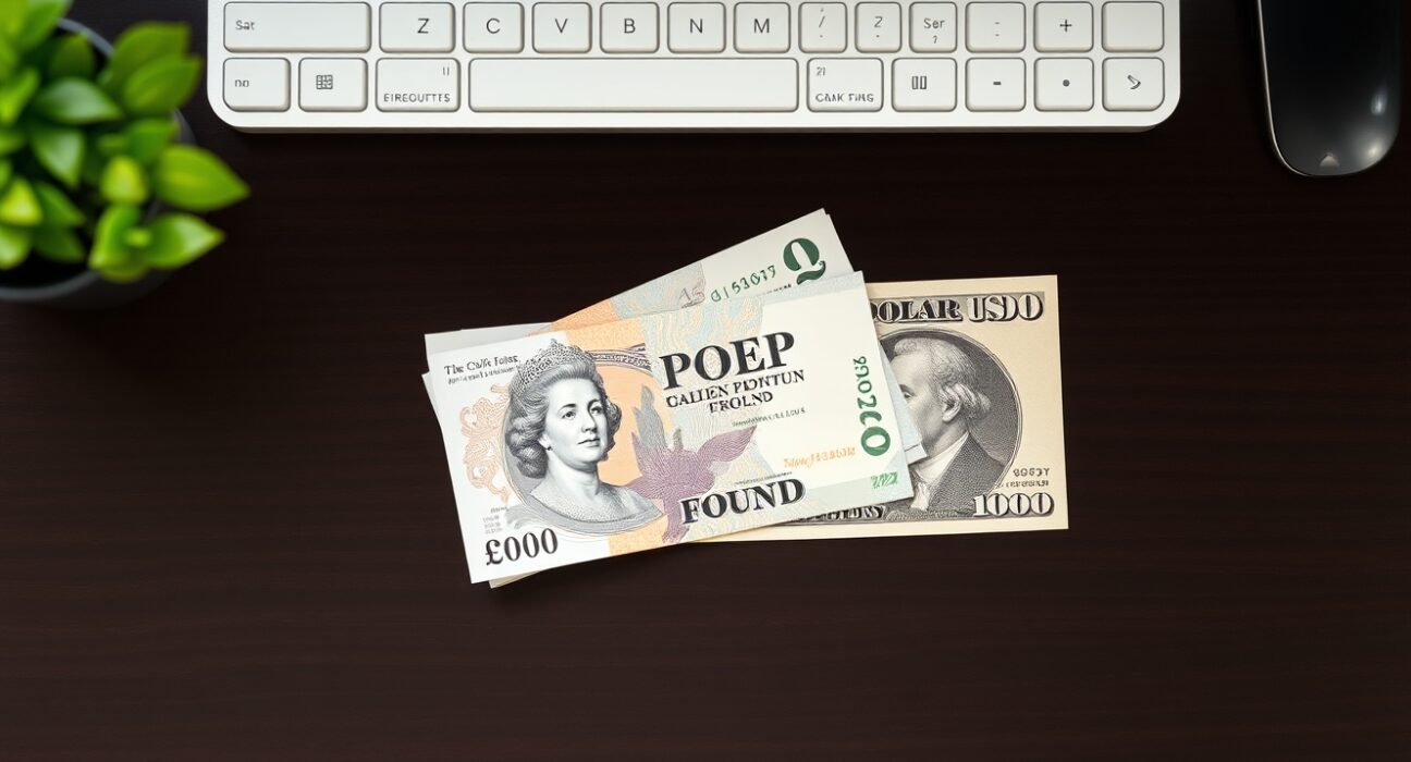 British Pound and US Dollar banknotes on a desk representing GBP/USD currency pair analysis.