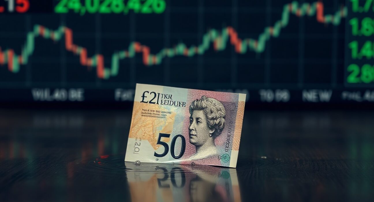 British Pound banknote partially submerged in water on a desk with stock market display in background, representing currency weakness.