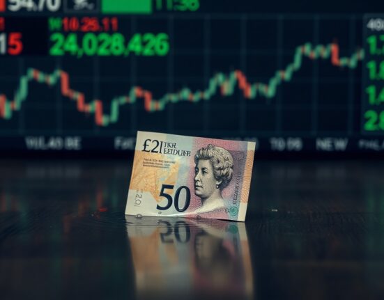 British Pound banknote partially submerged in water on a desk with stock market display in background, representing currency weakness.