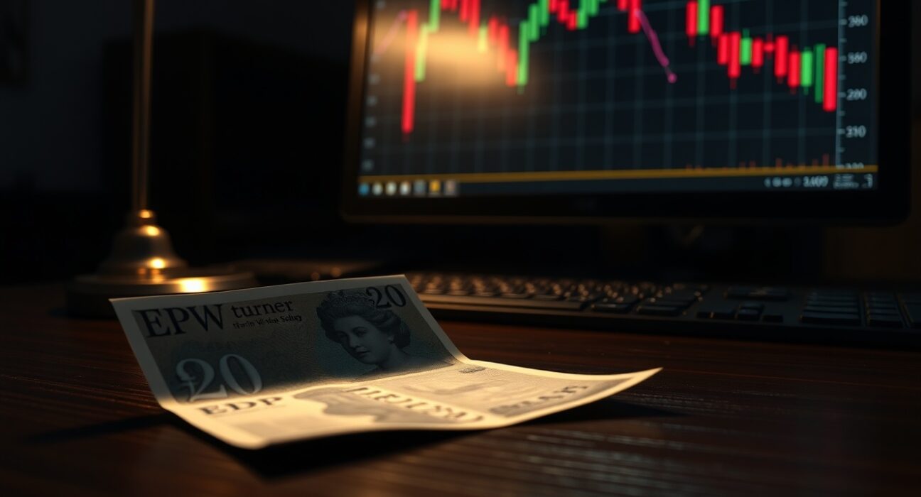 British Pound banknote on desk with declining forex chart on monitor in background