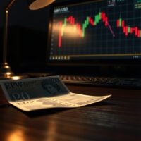 British Pound banknote on desk with declining forex chart on monitor in background