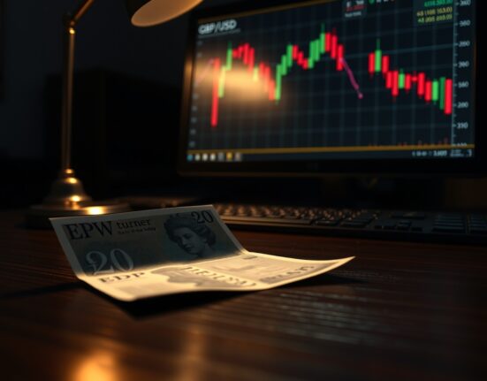 British Pound banknote on desk with declining forex chart on monitor in background