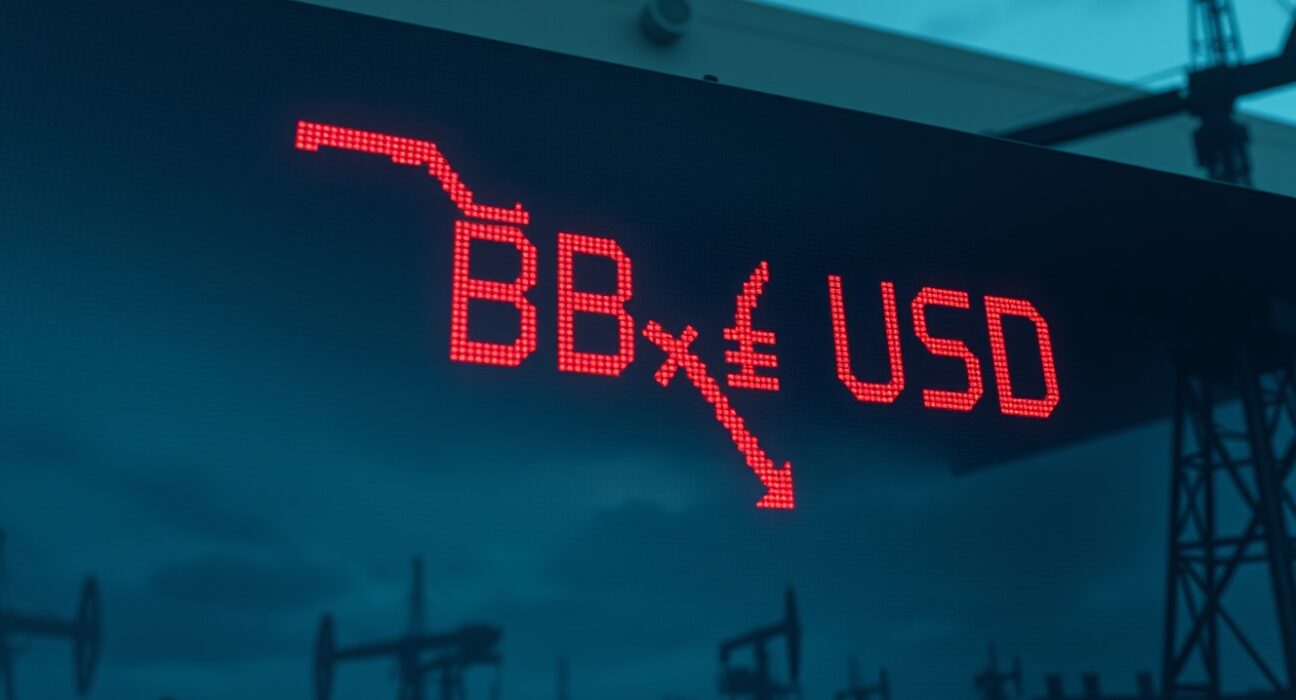 Digital currency exchange board showing GBP/USD decline with oil rig silhouettes in background