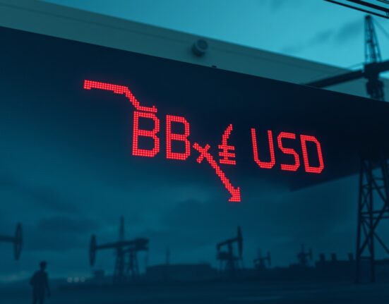Digital currency exchange board showing GBP/USD decline with oil rig silhouettes in background