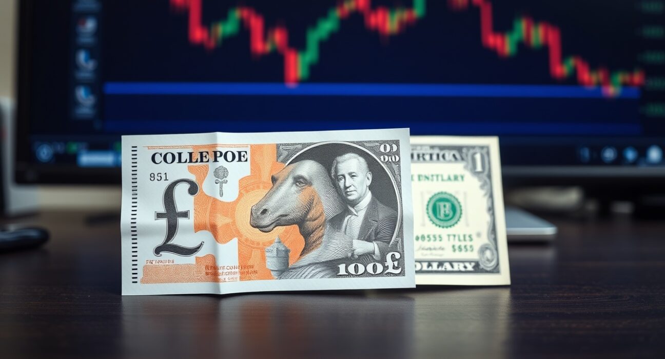 British Pound and US Dollar banknotes on a desk, with the Pound visually lower, representing currency market movement.