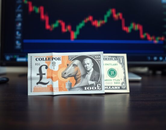 British Pound and US Dollar banknotes on a desk, with the Pound visually lower, representing currency market movement.