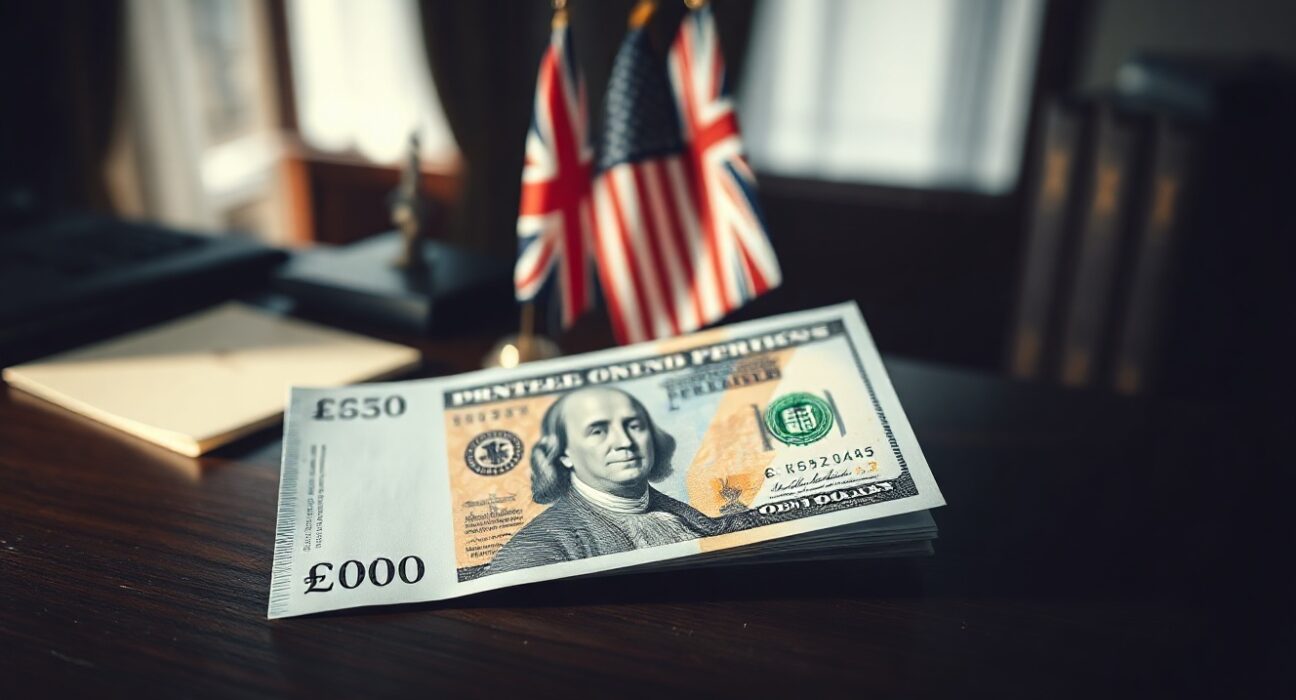 British Pound and US dollar banknotes on desk with flags in background