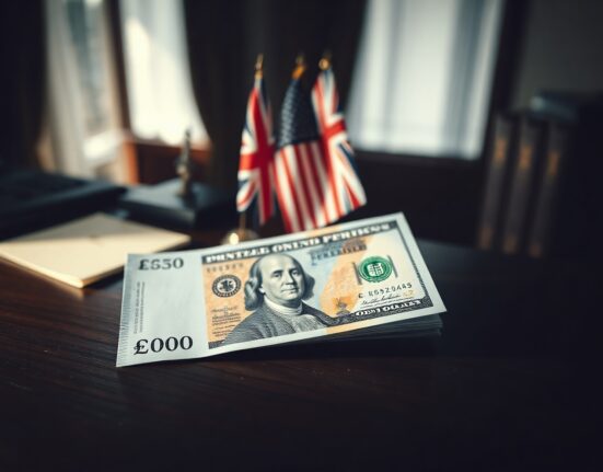 British Pound and US dollar banknotes on desk with flags in background