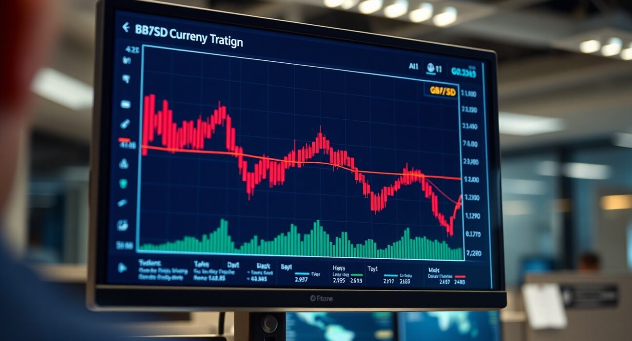 GBP/USD currency chart showing a downward trend on a trading screen.