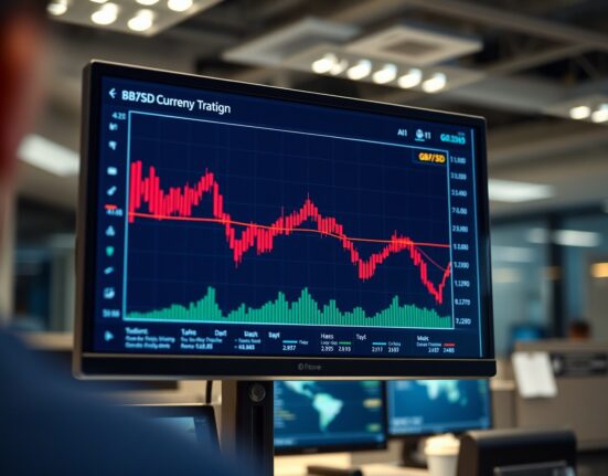 GBP/USD currency chart showing a downward trend on a trading screen.