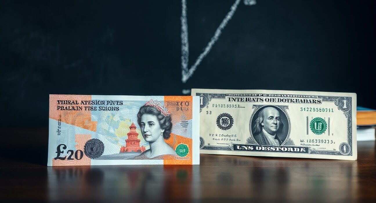 British pound and US dollar banknotes on desk with downward arrow in background representing bearish forex trend.