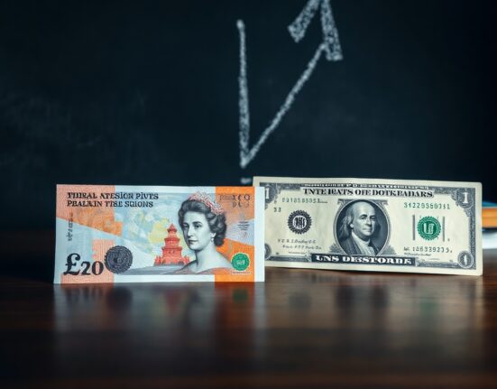 British pound and US dollar banknotes on desk with downward arrow in background representing bearish forex trend.