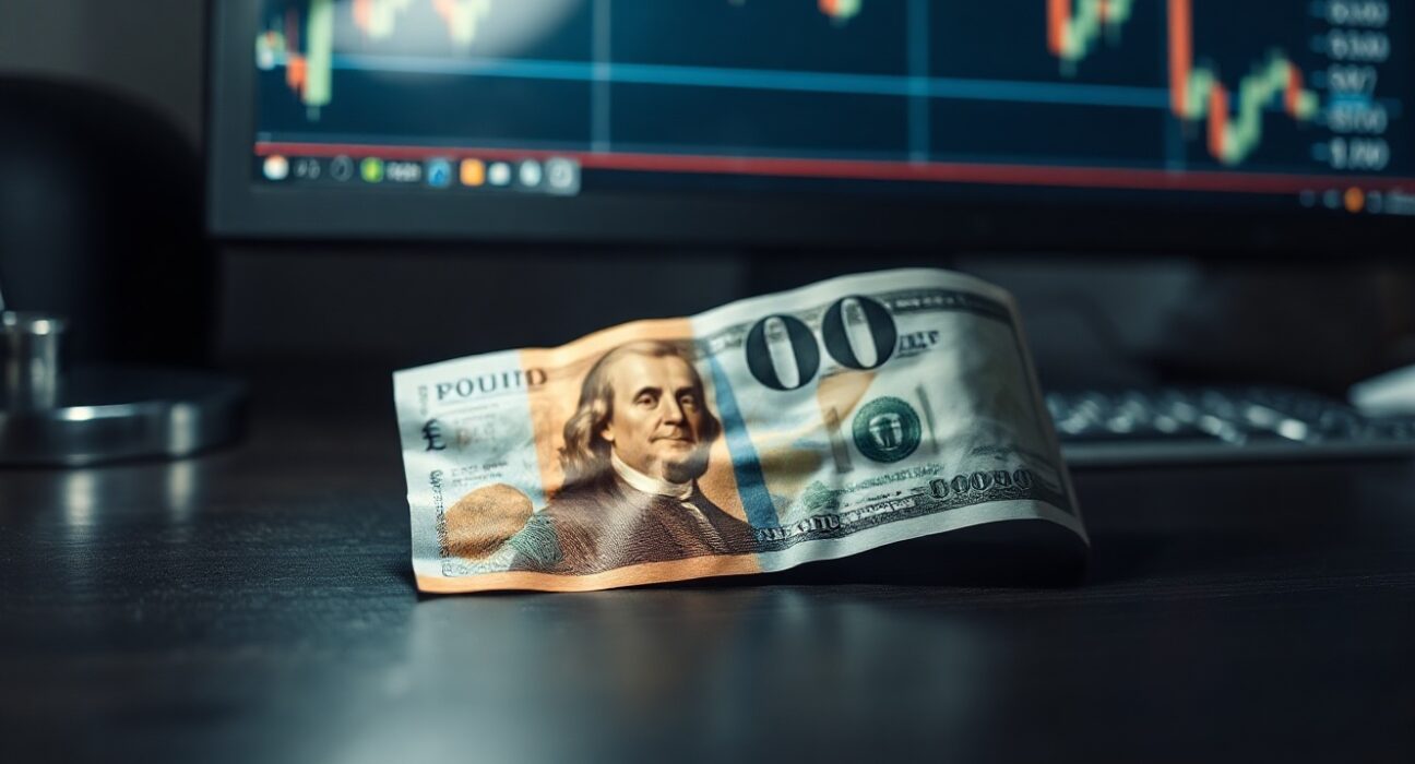 British pound and US dollar banknotes on a desk with a financial chart in the background