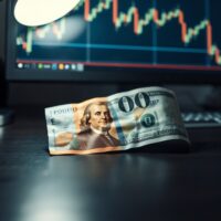 British pound and US dollar banknotes on a desk with a financial chart in the background